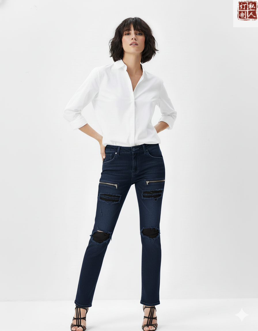 Women's Special Edition Japanese Selvedge Fitted Denim Biker Destroyed Jeans Dark Navy