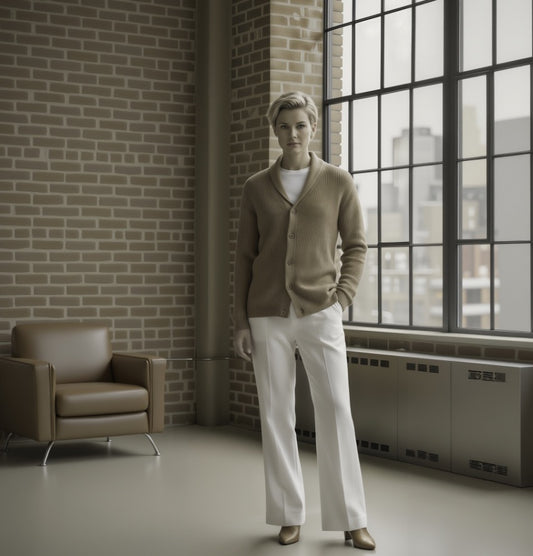 Women standing in a room with a brick wall and large window, wearing a beige cardigan and white pants.