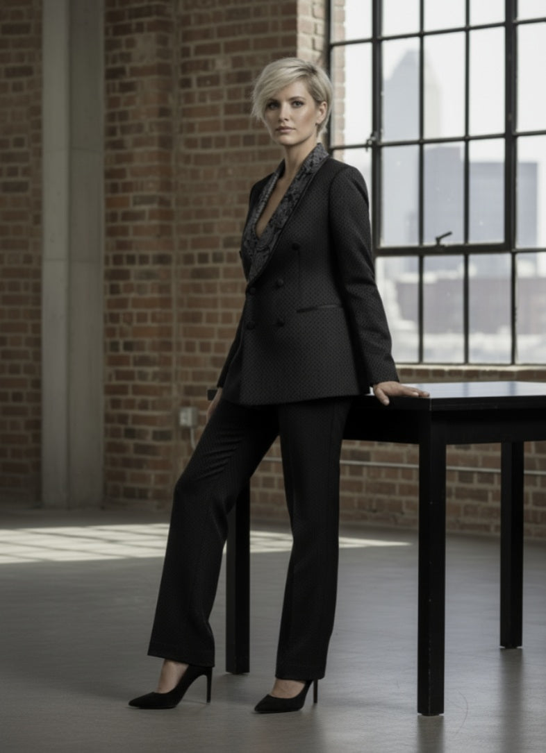 Woman in a black suit standing in a room with brick walls and large windows.