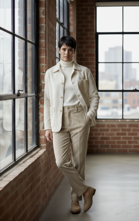 Person wearing a beige outfit in a room with large windows and brick walls.