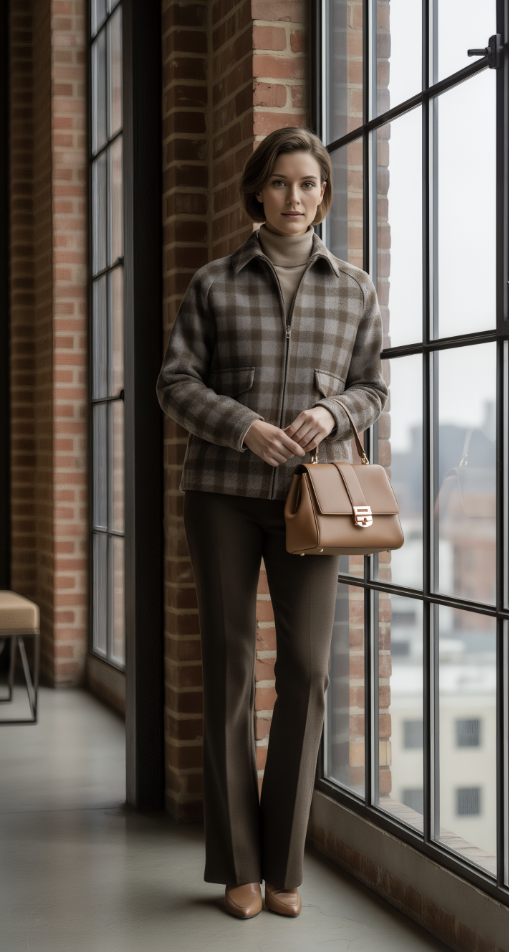 Woman standing by a large window in an urban setting, wearing a plaid jacket and holding a brown handbag.