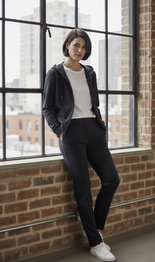 Person wearing a dark hoodie, white shirt, and black pants leaning against a brick wall with large windows in the background.