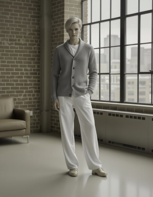 Person wearing a gray cardigan and white pants standing in a room with large windows and brick wall.