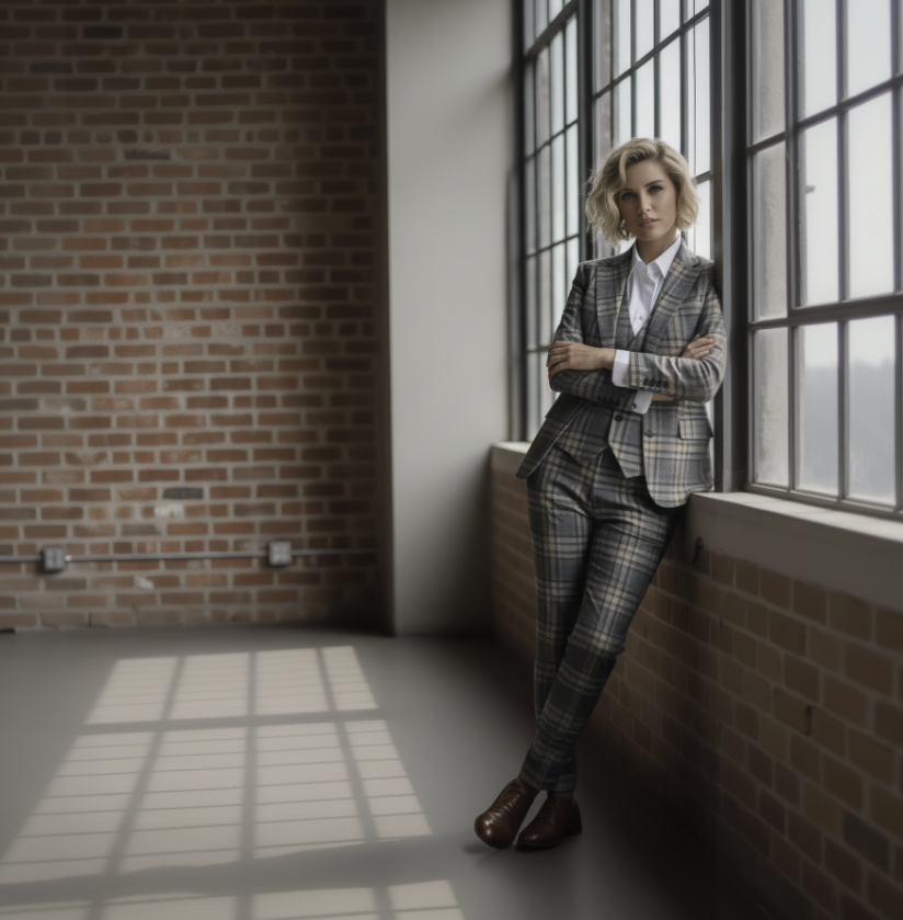 Person in a plaid suit standing in a room with large windows and brick walls.