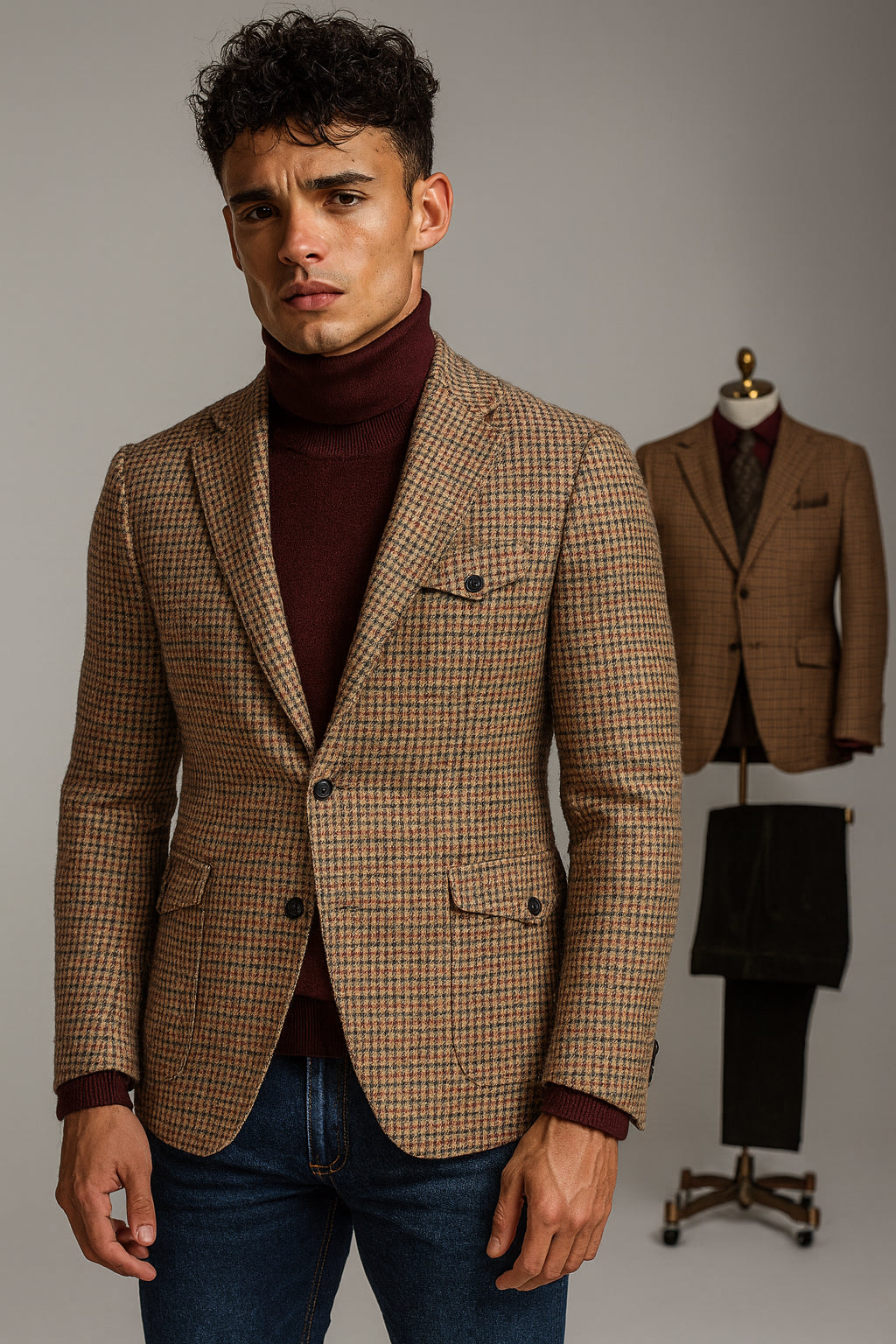 Man wearing a brown checkered blazer over a maroon turtleneck with a gray background.