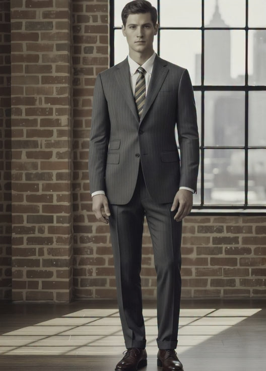 Mid Grey Pinstripe Single Breasted / Two Piece Suit Italian Pure Wool