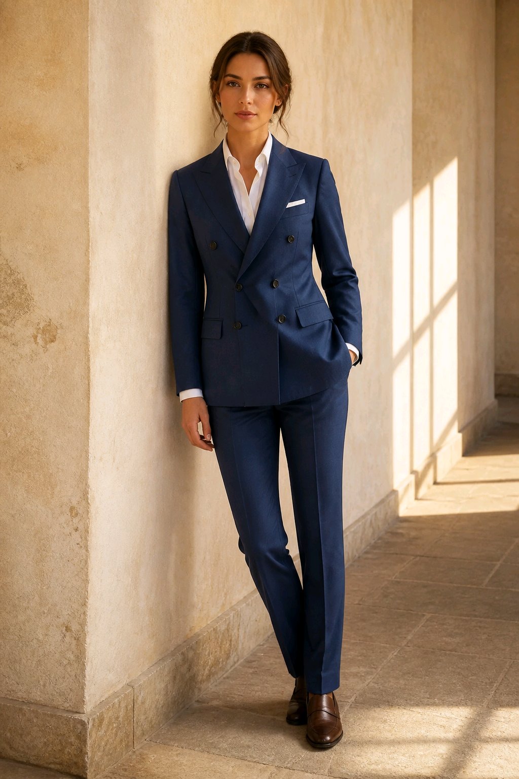 A woman models a tailored navy blue double-breasted suit with a white shirt and brown leather shoes, standing in a sunlit stone corridor.