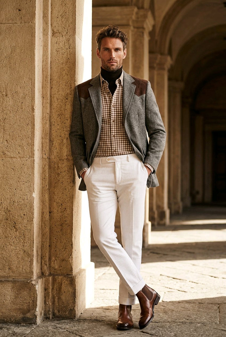 A man stands in a stone colonnade wearing a gray tweed blazer with brown leather shoulder patches, a brown and beige check shirt, white trousers, and brown leather shoes.