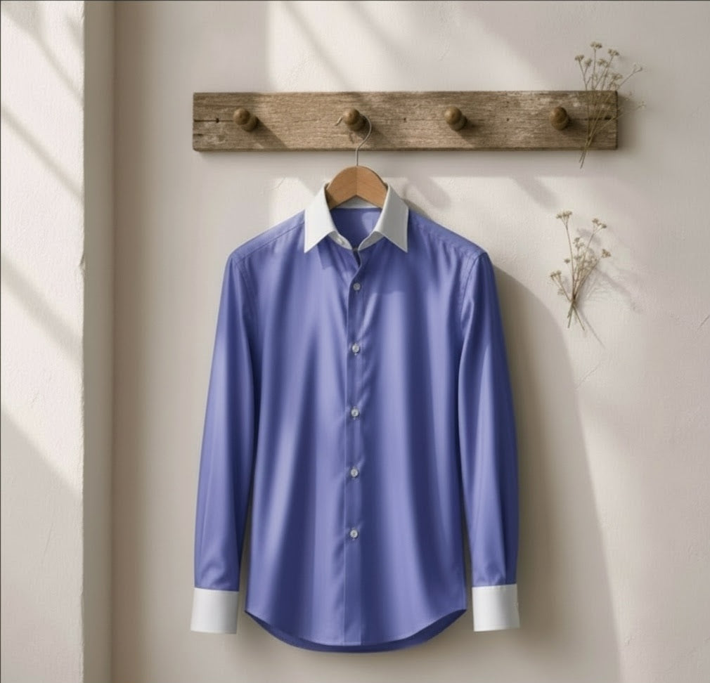 A light blue long-sleeve button-up shirt with a white collar and white cuffs, hanging on a wooden hanger from a rustic wooden peg rack against a beige wall.