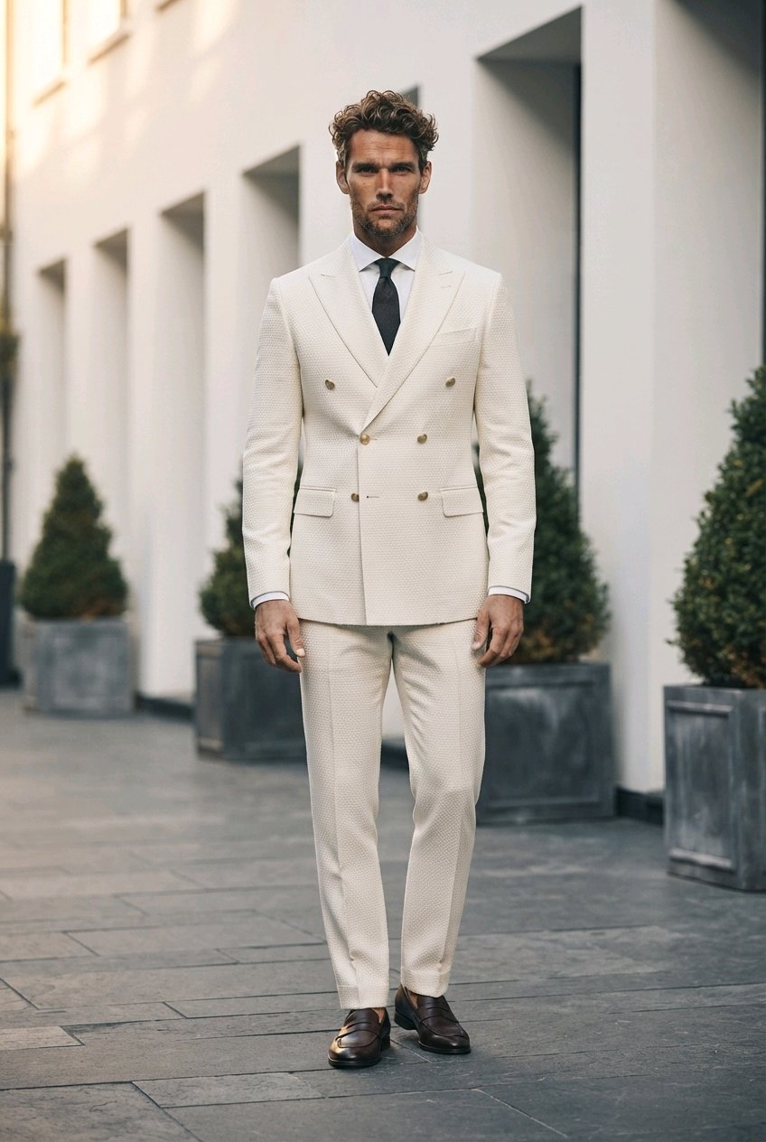 2pc Ivory Double Breasted/ Two Piece Suit Italian Pure Wool Super 110'S