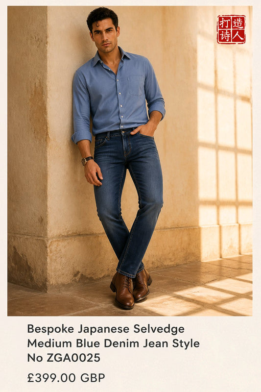A man wearing a light blue button-up shirt and medium blue denim jeans stands against a beige stone wall with warm sunlight casting windowpane shadows. Text below reads 'Bespoke Japanese Selvedge Medium Blue Denim Jean Style No ZGA0025' and '£399.