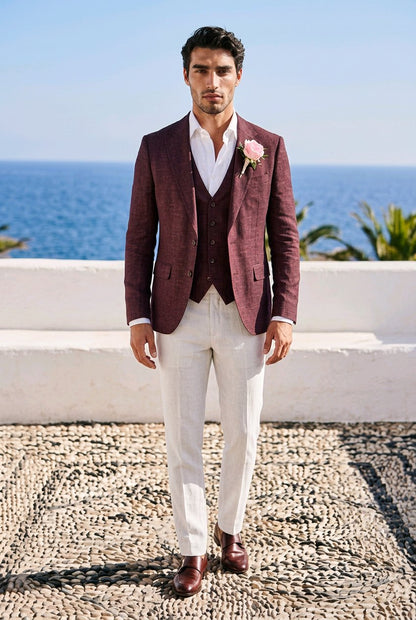 3pc Burgundy Single Breasted Jacket & Waistcoat & White Italian Bamboo Trousers