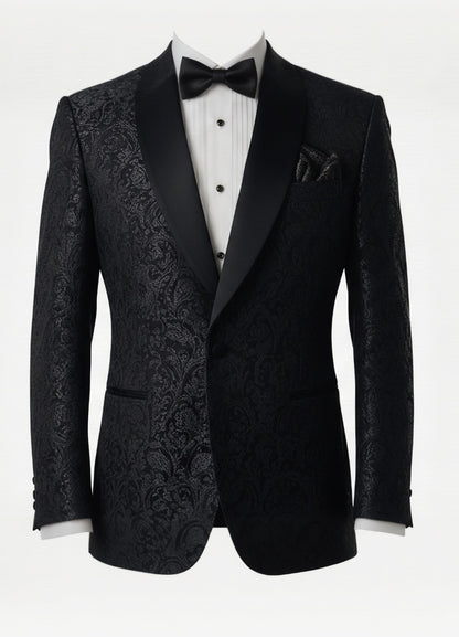 2pc Black Brocade Single Breasted Tuxedo Jacket and Black Formal Trousers