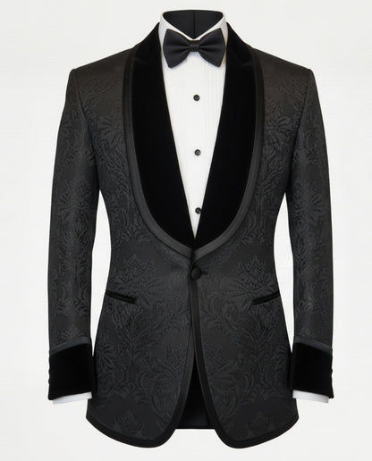 2pc Black Jacquard Single Breasted Tuxedo Jacket and Black Formal Trousers / Italian Pure Wool Super 110'S