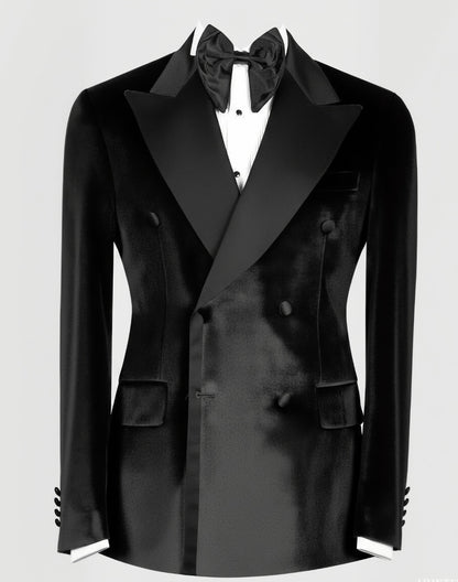 2pc Black Velvet Double Breasted Tuxedo Jacket and Black Formal Trousers / Italian Pure Wool