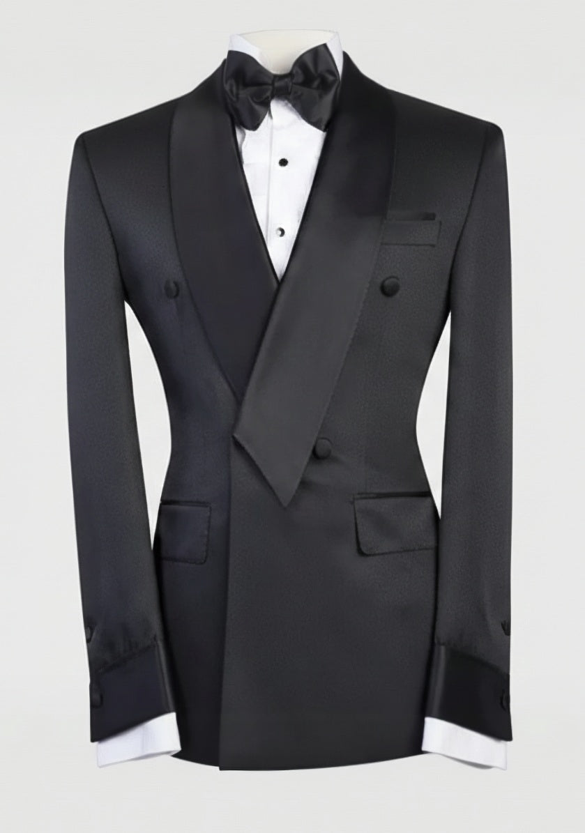 2pc Black Velvet Double Breasted Tuxedo Jacket and Black Formal Trousers / Italian Pure Wool Super 110'S