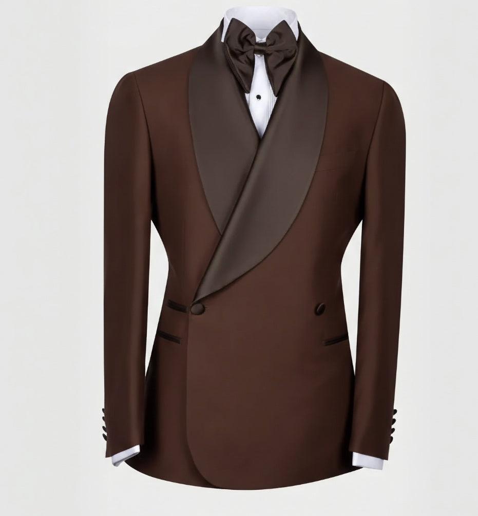 2pc Brown Double Breasted Tuxedo Jacket and Black Formal Trousers 