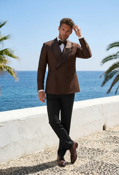 2pc Brown Double Breasted Tuxedo Jacket and Black Formal Trousers 