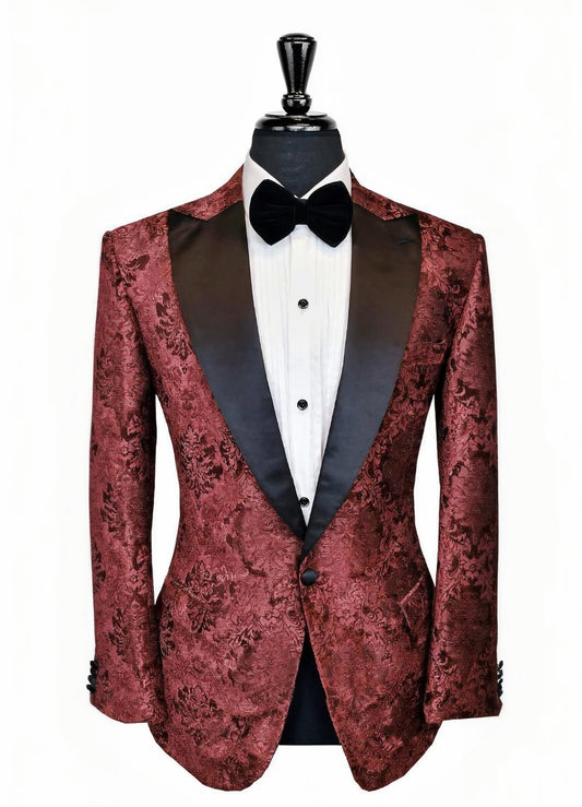 2pc Burgundy Brocade Single Breasted Tuxedo Jacket and Black Formal Trousers / Italian Pure Wool