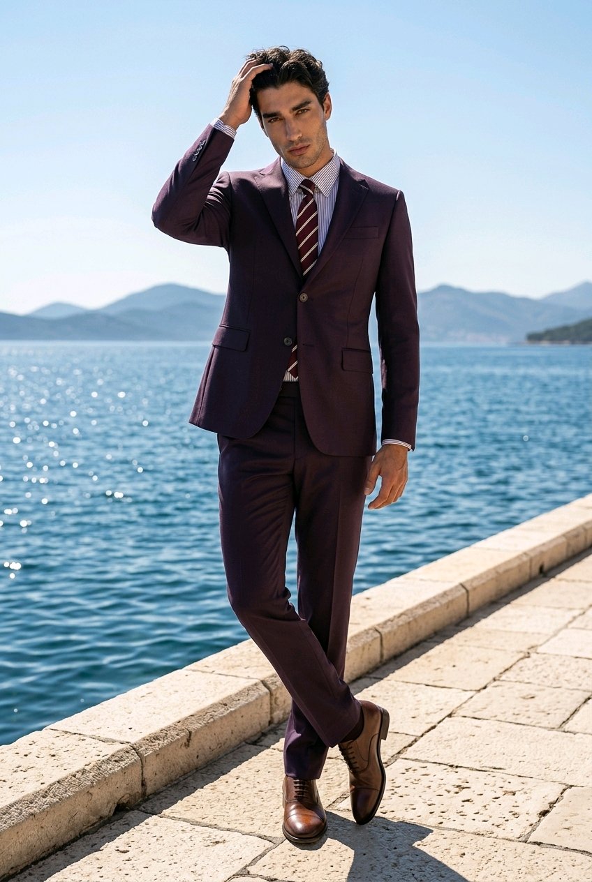 2pc Dark Burgundy Single Breasted / Two Piece Suit Italian Pure Wool Super 110'S