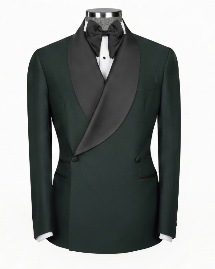 2pc Dark Green Double Breasted Tuxedo Jacket and Black Formal Trousers / Italian Pure Wool Super 110'S