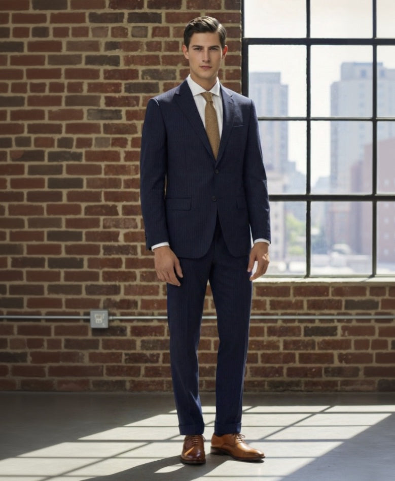 Man in a navy suit standing in front of a brick wall with large windows.