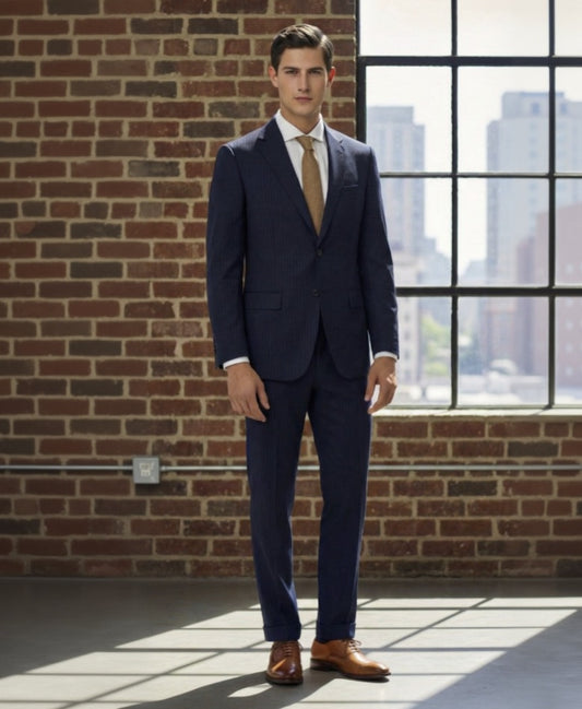 Man in a navy suit standing in front of a brick wall with large windows.