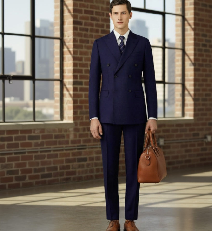 2pc English Double Breasted Pure Wool Dark Blue Super 120's Two Piece Suit