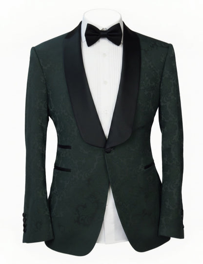 2pc Green Jacquard Single Breasted Tuxedo Jacket and Black Formal Trousers / Italian Pure Wool
