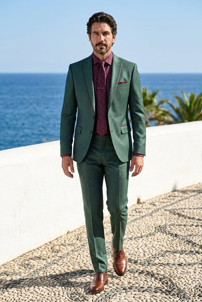 2pc Green Polka Dot Single Breasted Tuxedo Jacket