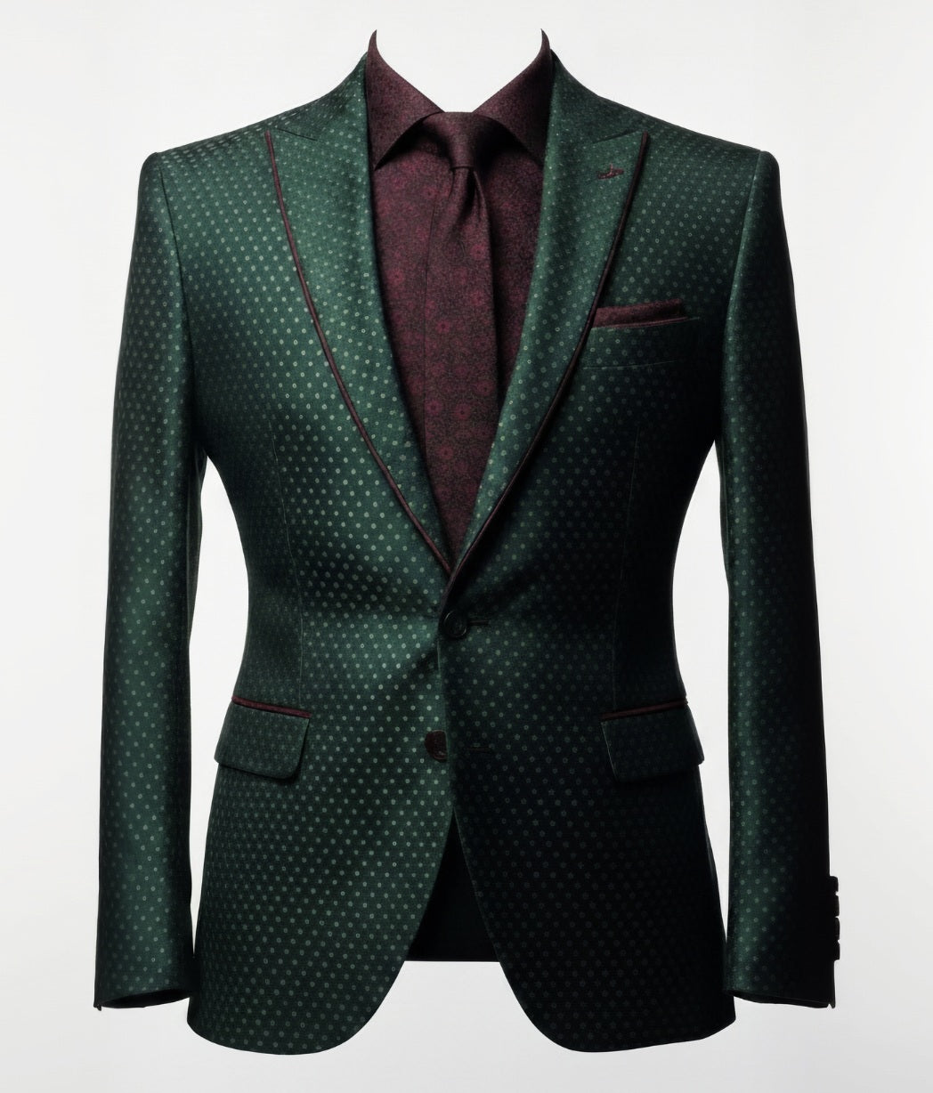  2pc Green Polka Dot Single Breasted Tuxedo Jacket and Black Formal Trousers / Italian Pure Wool