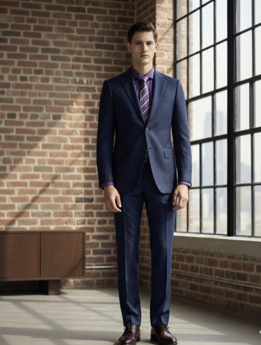 2pc Grey / Blue Check Single Breasted / Two Piece Suit Italian Pure Wool Super 110'S