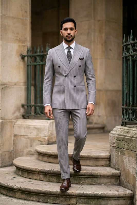 2pc Grey Pinstripe Double Breasted Jacket / Plus Grey Pinstripe Trousers
