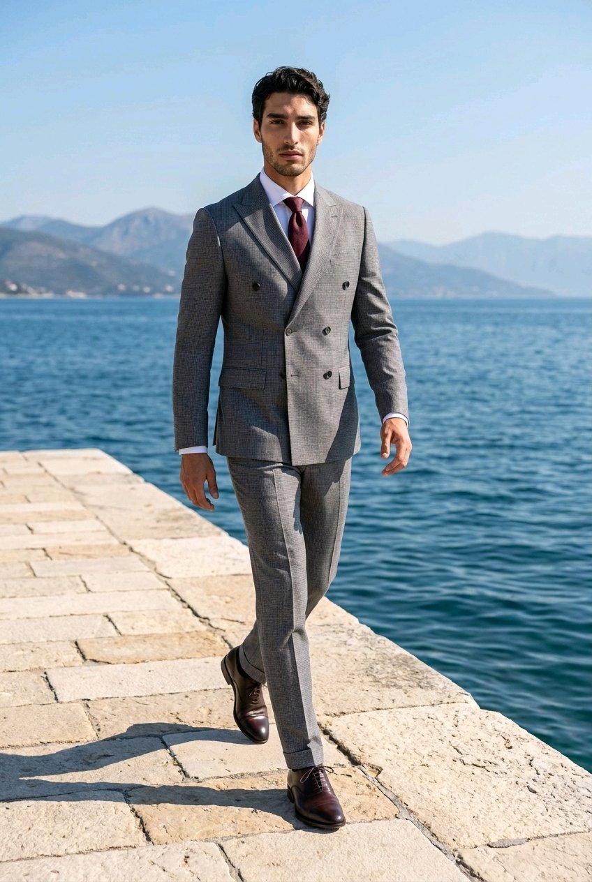 2pc Grey Pinstripe Double Breasted / Two Piece Suit Italian Pure Wool Super 110'S