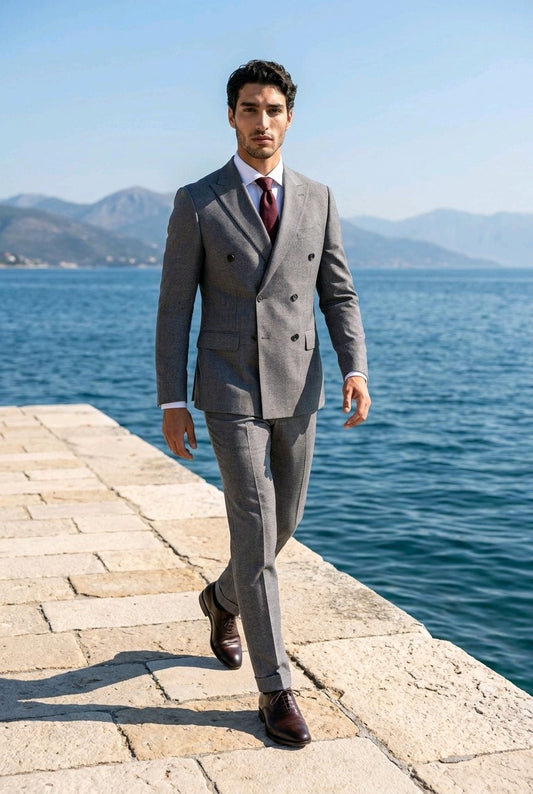 2pc Grey Pinstripe Double Breasted / Two Piece Suit Italian Pure Wool Super 110'S