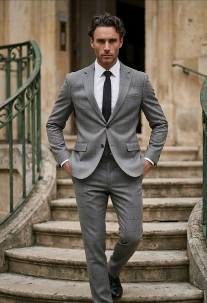 2pc Grey and Orange Check Single Breasted Jacket / Plus Grey and Orange Check Trousers