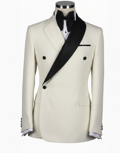2pc Ivory/Black Double Breasted Tuxedo Jacket and Black Formal Trousers / Italian Pure Wool