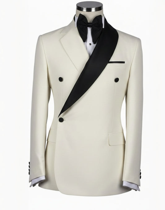 2pc Ivory/Black Double Breasted Tuxedo Jacket and Black Formal Trousers / Italian Pure Wool