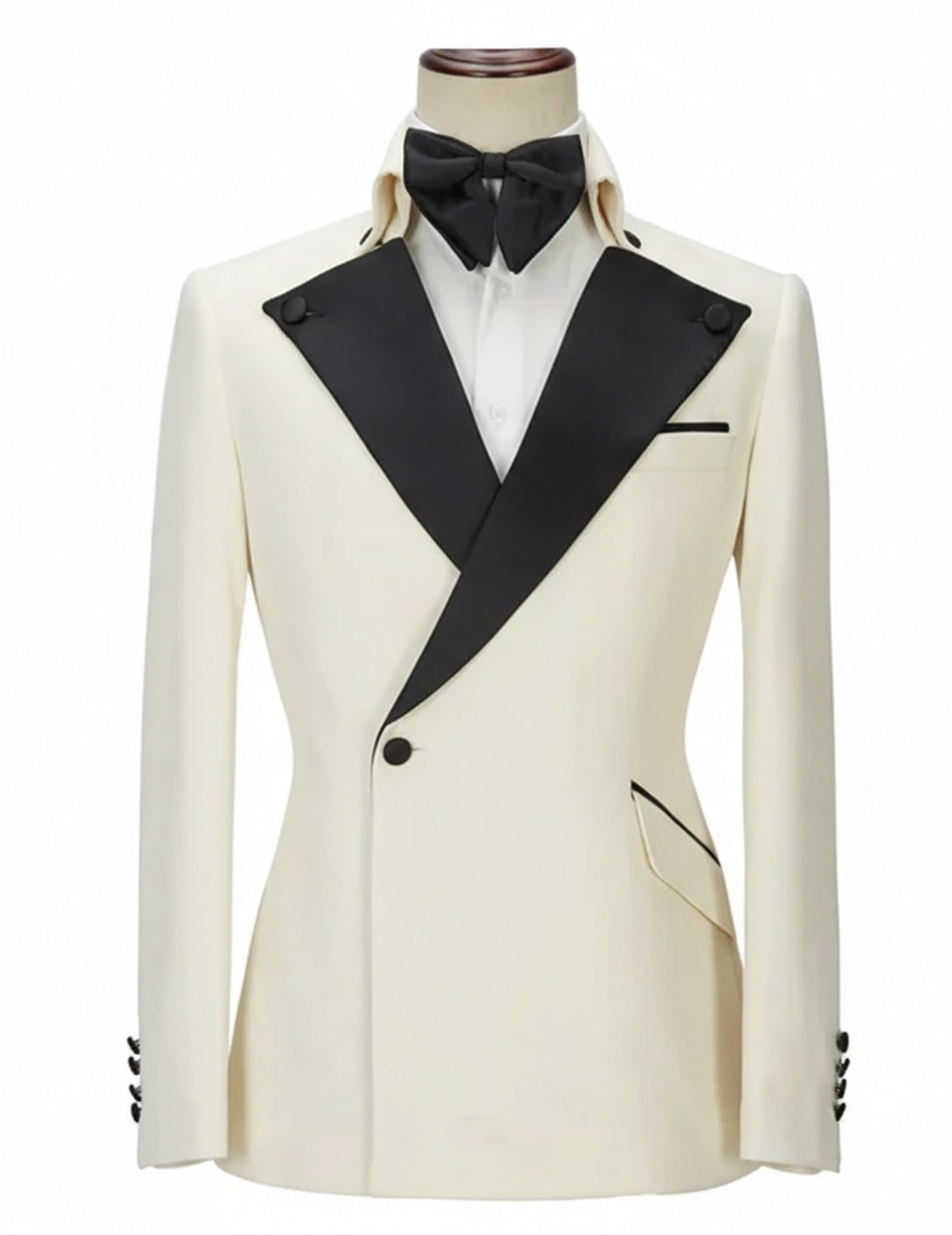 2pc Ivory Double Breasted Tuxedo Jacket and Black Formal Trousers / Italian Pure Wool