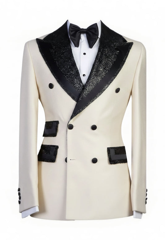 2pc Ivory Double Breasted Tuxedo Jacket and Black Formal Trousers / Italian Pure Wool Super 110'S
