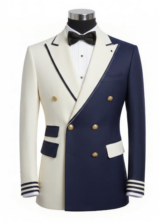 2pc Ivory/ Navy Double Breasted Tuxedo Jacket and Black Formal Trousers / Italian Pure Wool Super 110'S