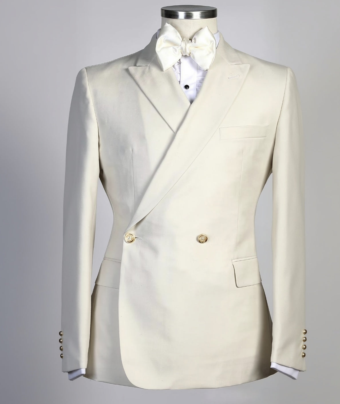 2pc Ivory Wool/ Silk Double Breasted Tuxedo Jacket and Black Formal Trousers