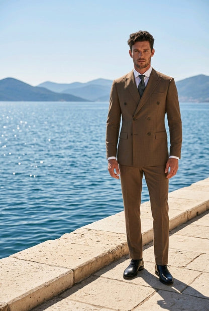2pc Light Brown Double Breasted / Two Piece Suit Italian Pure Wool Super 110'S