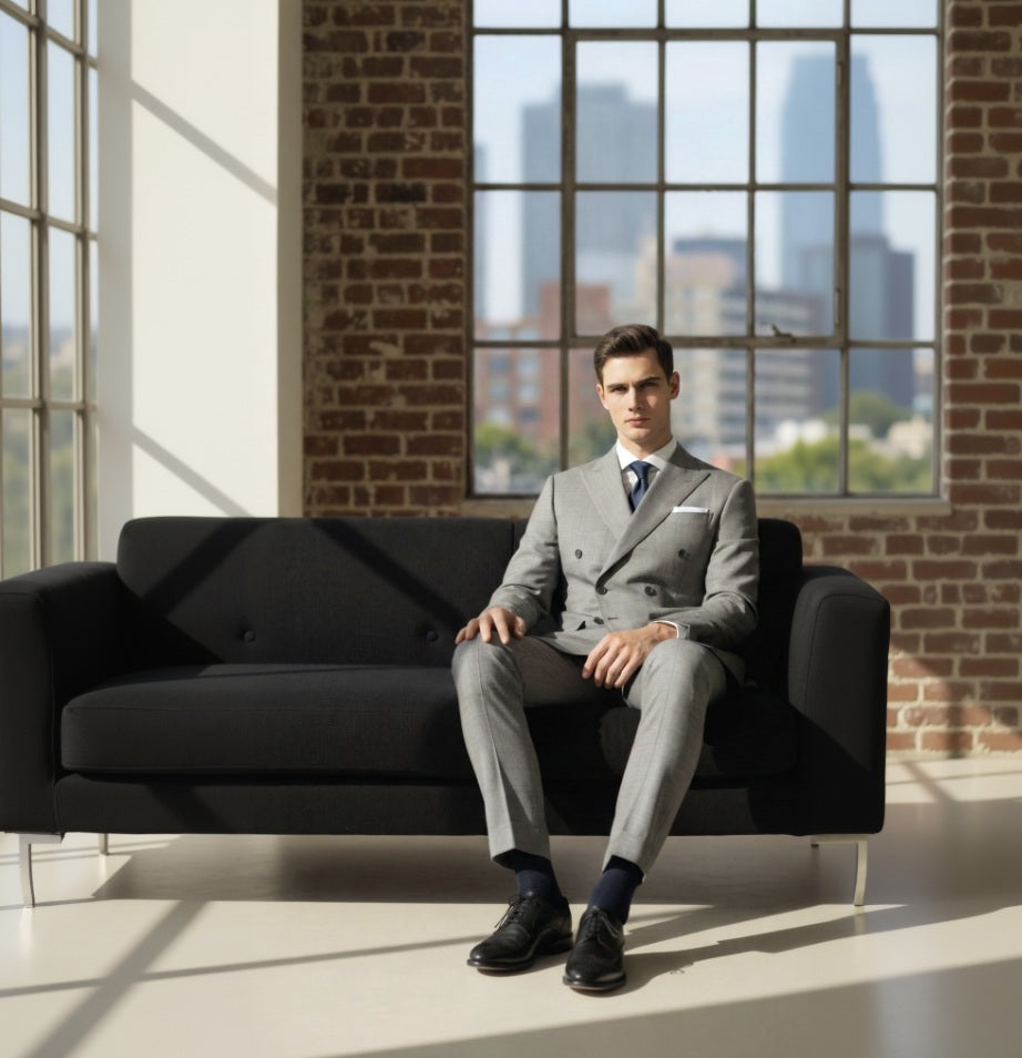 2pc Man in a gray suit sitting on a black sofa with a cityscape in the background