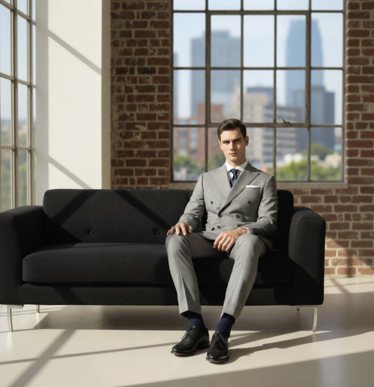 2pc Man in a gray suit sitting on a black sofa with a cityscape in the background