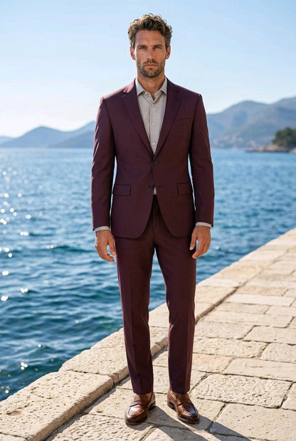 2pc Maroon Single Breasted / Two Piece Suit Italian Pure Wool Super 110'S