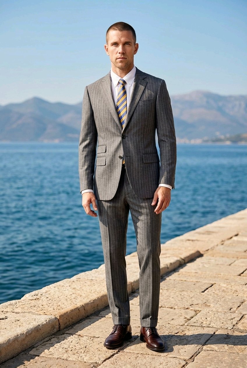 2pc Mid Grey Pinstripe Single Breasted / Two Piece Suit Italian Pure Wool Super 110'S