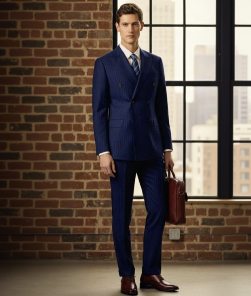 Navy/ Blue Pinstripe Double Breasted / Two Piece Suit Italian Pure Wool Super 120'S