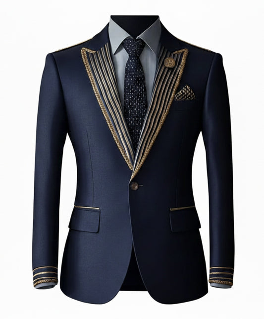 2pc Navy/ Gold Single Breasted Tuxedo Jacket and Black Formal Trousers / Italian Pure Wool