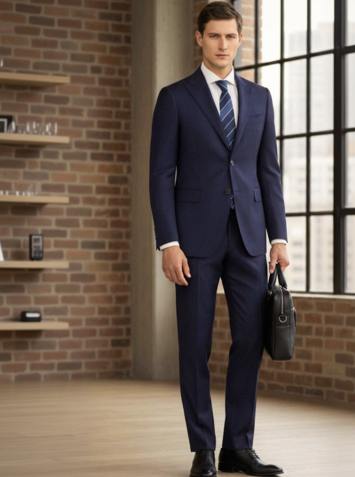 2pc Navy_Herringbone_Single_Breasted_Two_Piece_Suit_Italian_Pure_Wool_Super_110_S